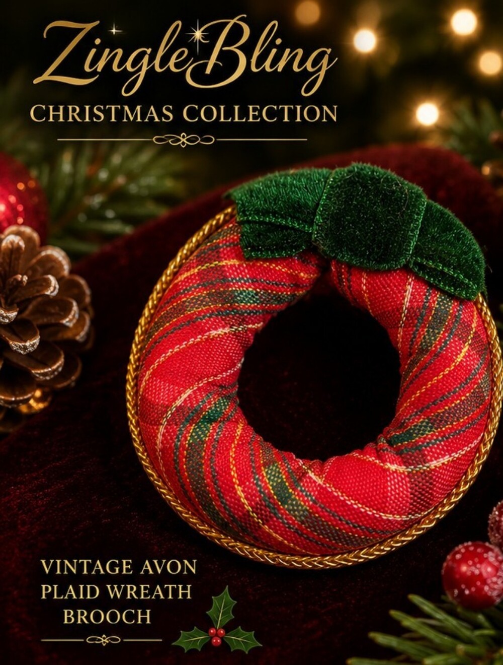 Vintage Avon Christmas Wreath Brooch Plaid Tartan Fabric Holiday Pin Signed